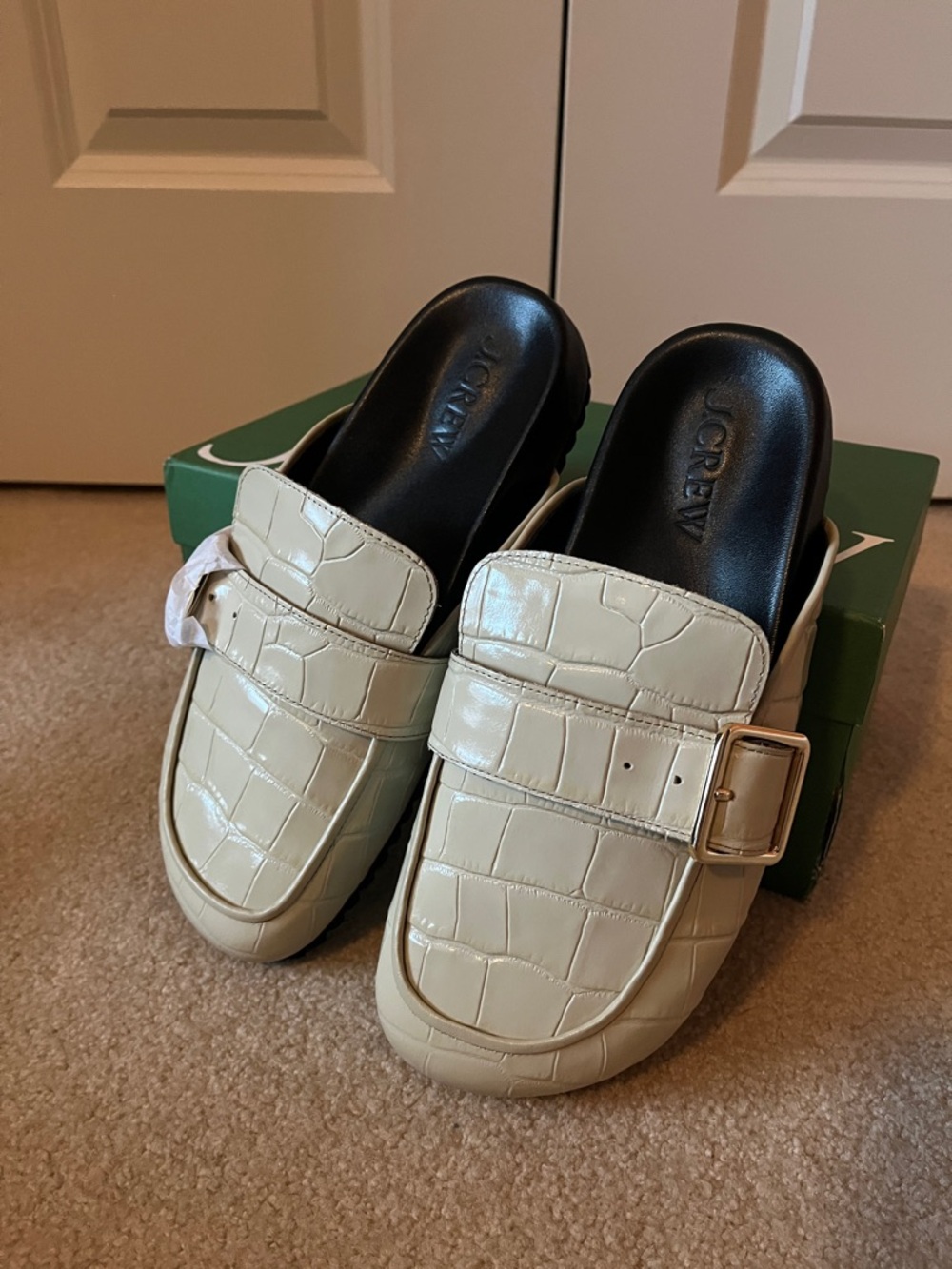 J. Crew Cream Croc-Embossed Slip-On Buckle Mules